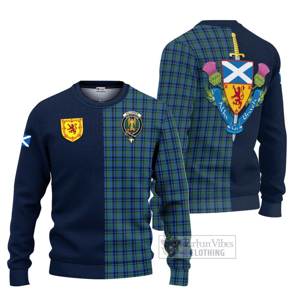 Tartan Vibes Clothing Falconer Tartan Knitted Sweater with Scottish Lion Royal Arm Half Style