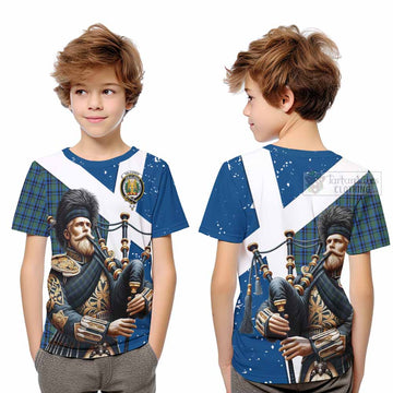 Falconer Tartan Kid T-Shirt with Family Crest Scottish Bagpiper Vibes