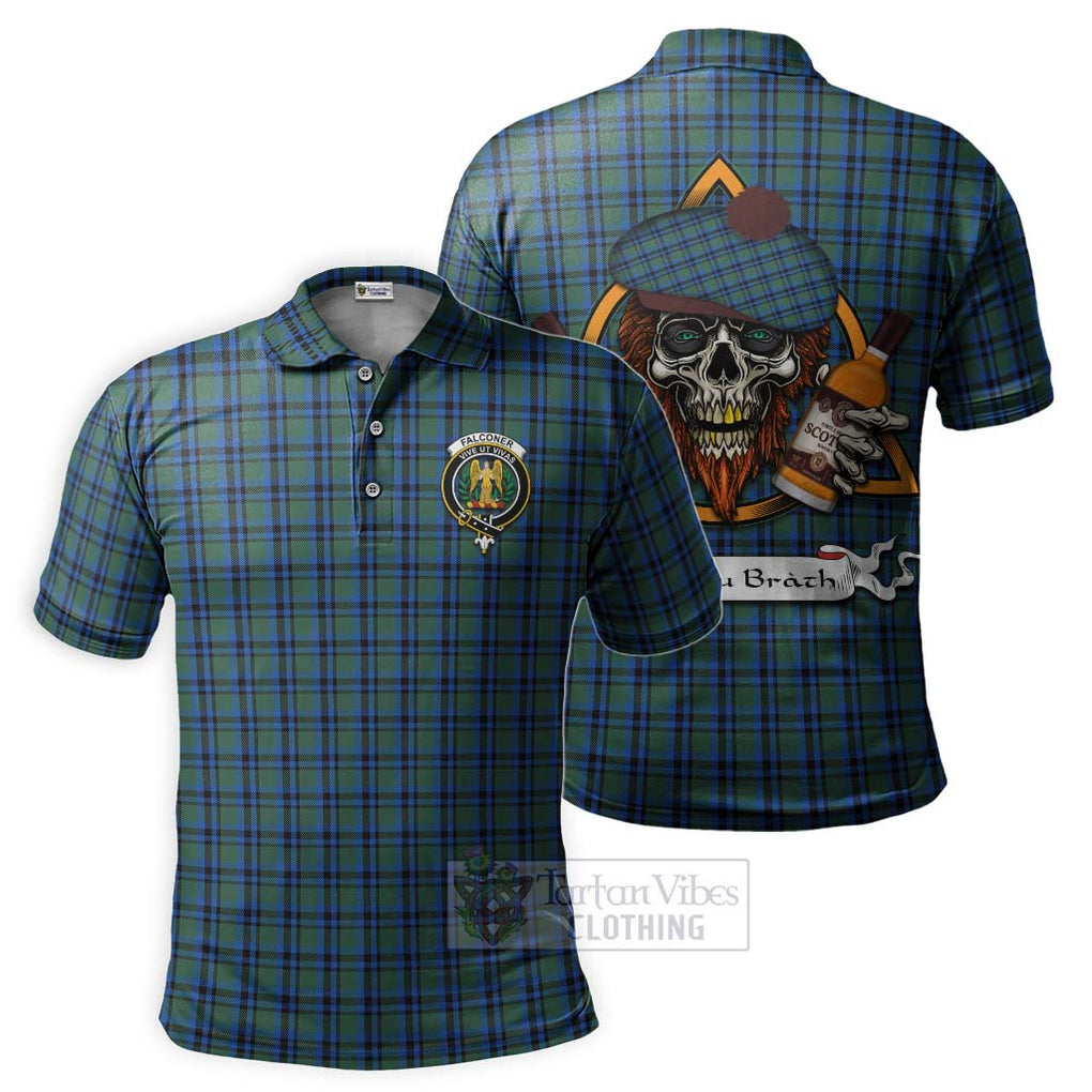 Tartan Vibes Clothing Falconer Tartan Polo Shirt with Family Crest and Bearded Skull Holding Bottles of Whiskey