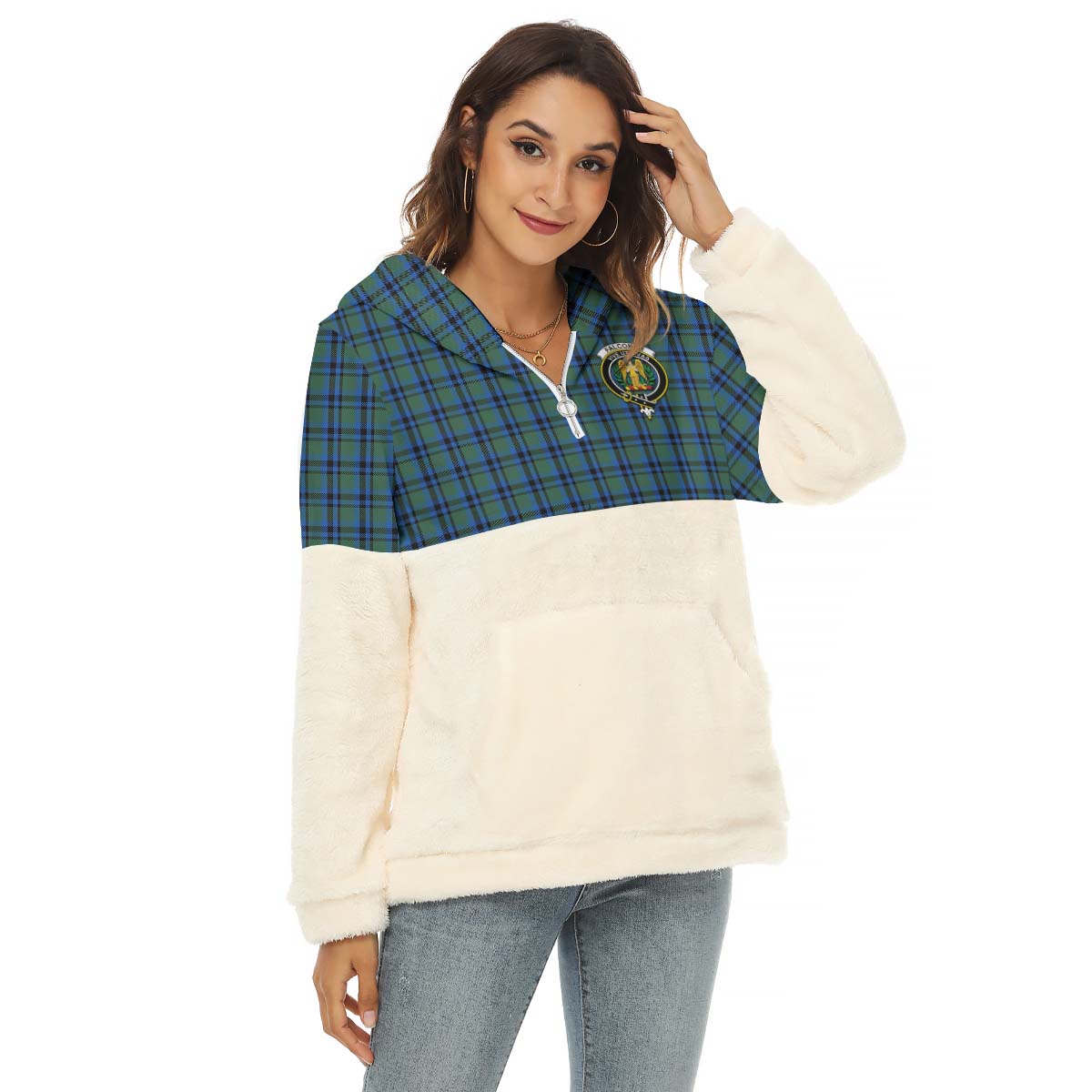 Falconer Tartan Women's Borg Fleece Hoodie With Half Zip with Family Crest Female - Tartanvibesclothing