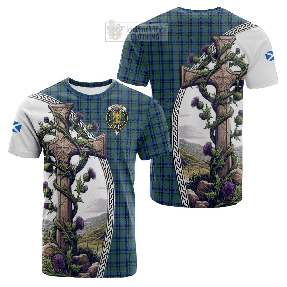 Tartan Vibes Clothing Falconer Tartan Cotton T-shirt with Family Crest and St. Andrew's Cross Accented by Thistle Vines