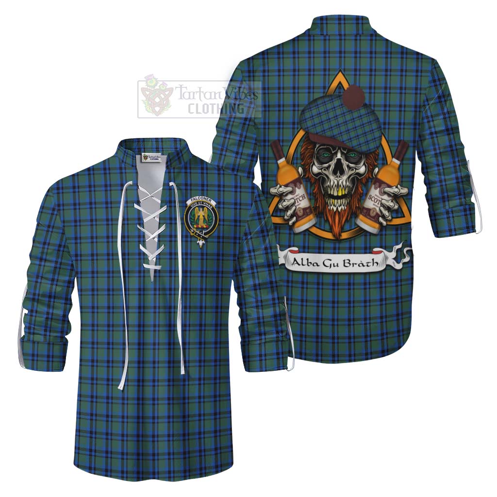 Tartan Vibes Clothing Falconer Tartan Ghillie Kilt Shirt with Family Crest and Bearded Skull Holding Bottles of Whiskey