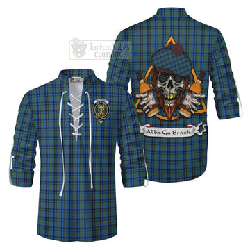 Falconer Tartan Ghillie Kilt Shirt with Family Crest and Bearded Skull Holding Bottles of Whiskey