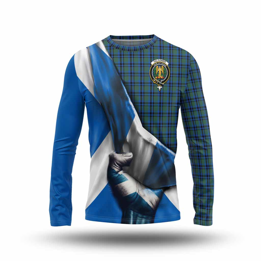 Tartan Vibes Clothing Falconer Tartan Long Sleeve T-Shirt with Family Crest Scotland Patriotic Style