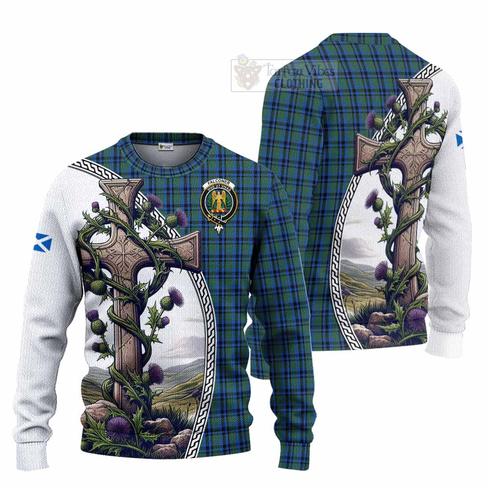 Tartan Vibes Clothing Falconer Tartan Knitted Sweater with Family Crest and St. Andrew's Cross Accented by Thistle Vines