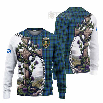 Falconer Tartan Knitted Sweater with Family Crest and St. Andrew's Cross Accented by Thistle Vines