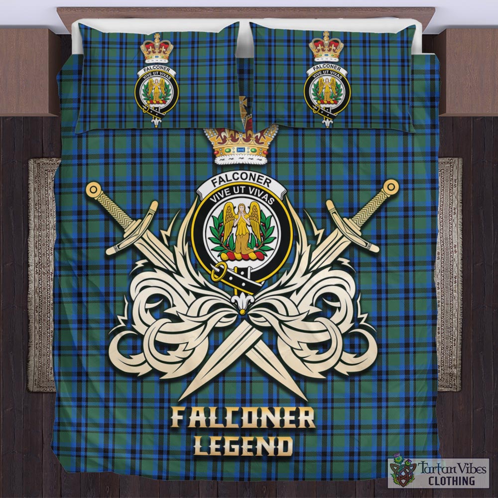 Tartan Vibes Clothing Falconer Tartan Bedding Set with Clan Crest and the Golden Sword of Courageous Legacy