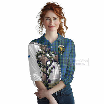 Falconer Tartan Women's Casual Shirt with Family Crest and St. Andrew's Cross Accented by Thistle Vines