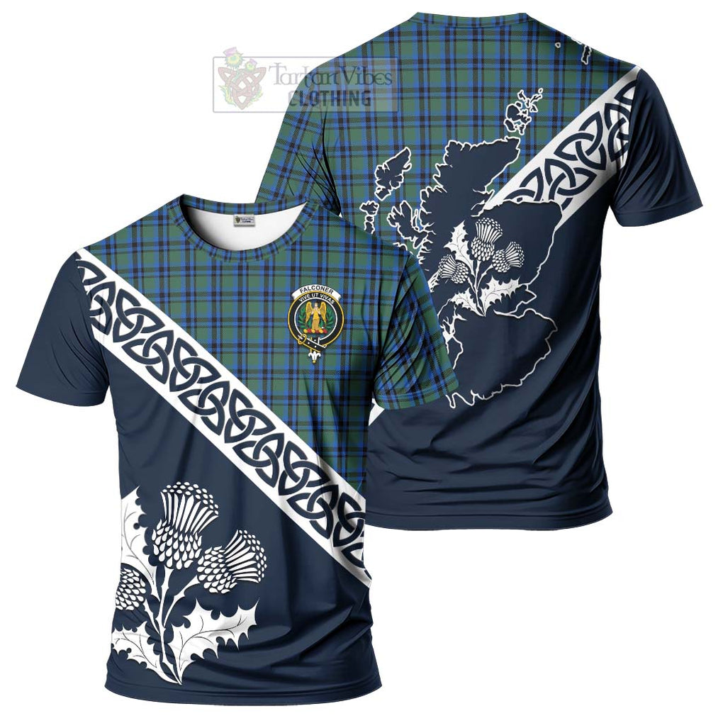 Falconer Tartan T-Shirt Featuring Thistle and Scotland Map