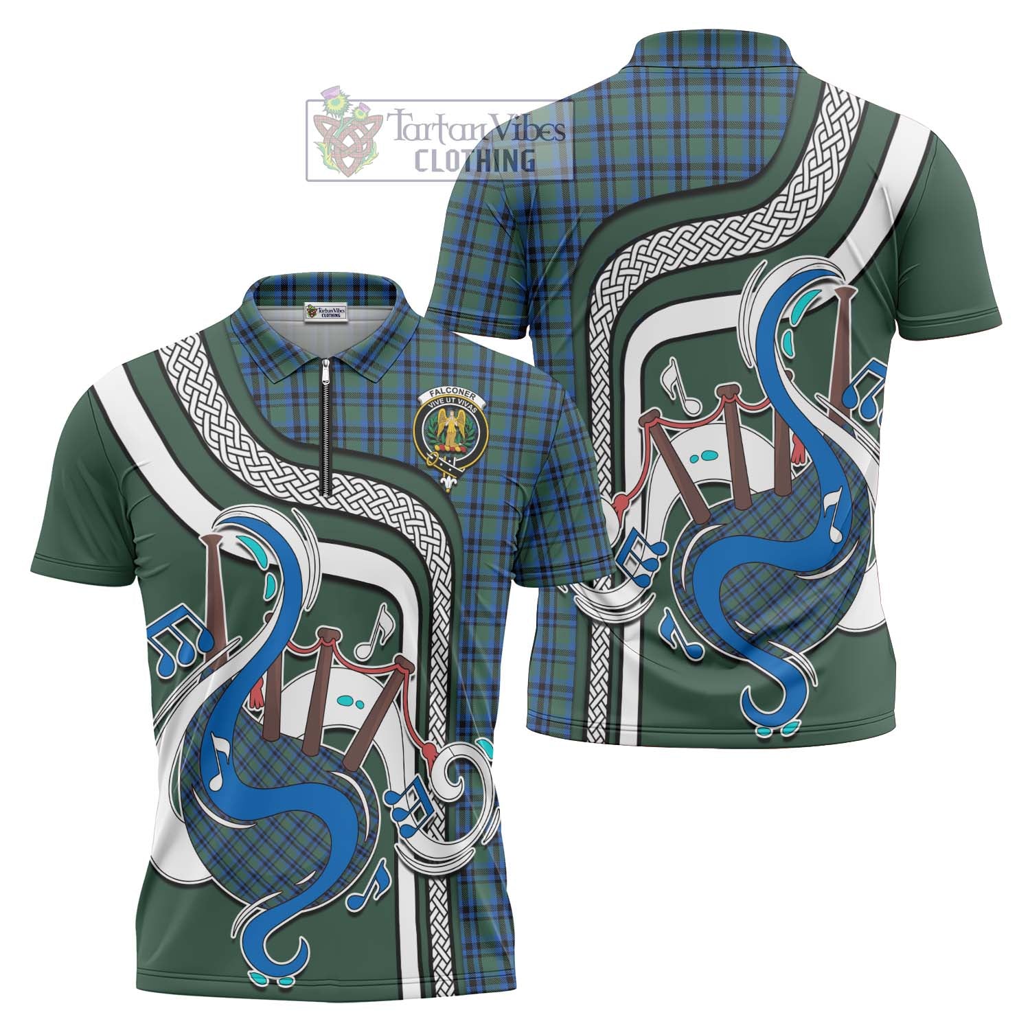 Tartan Vibes Clothing Falconer Tartan Zipper Polo Shirt with Epic Bagpipe Style