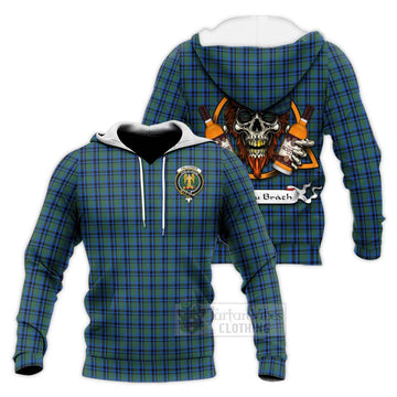 Falconer Tartan Knitted Hoodie with Family Crest and Bearded Skull Holding Bottles of Whiskey