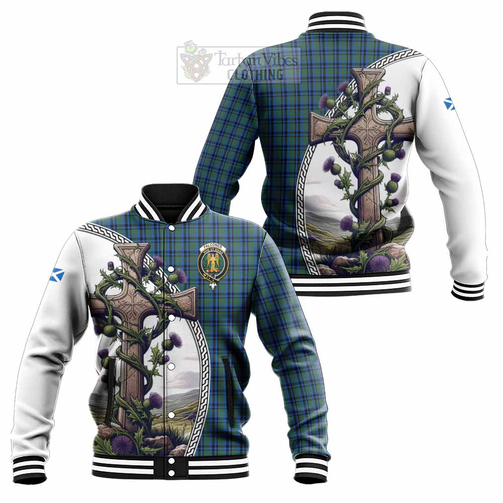 Tartan Vibes Clothing Falconer Tartan Baseball Jacket with Family Crest and St. Andrew's Cross Accented by Thistle Vines