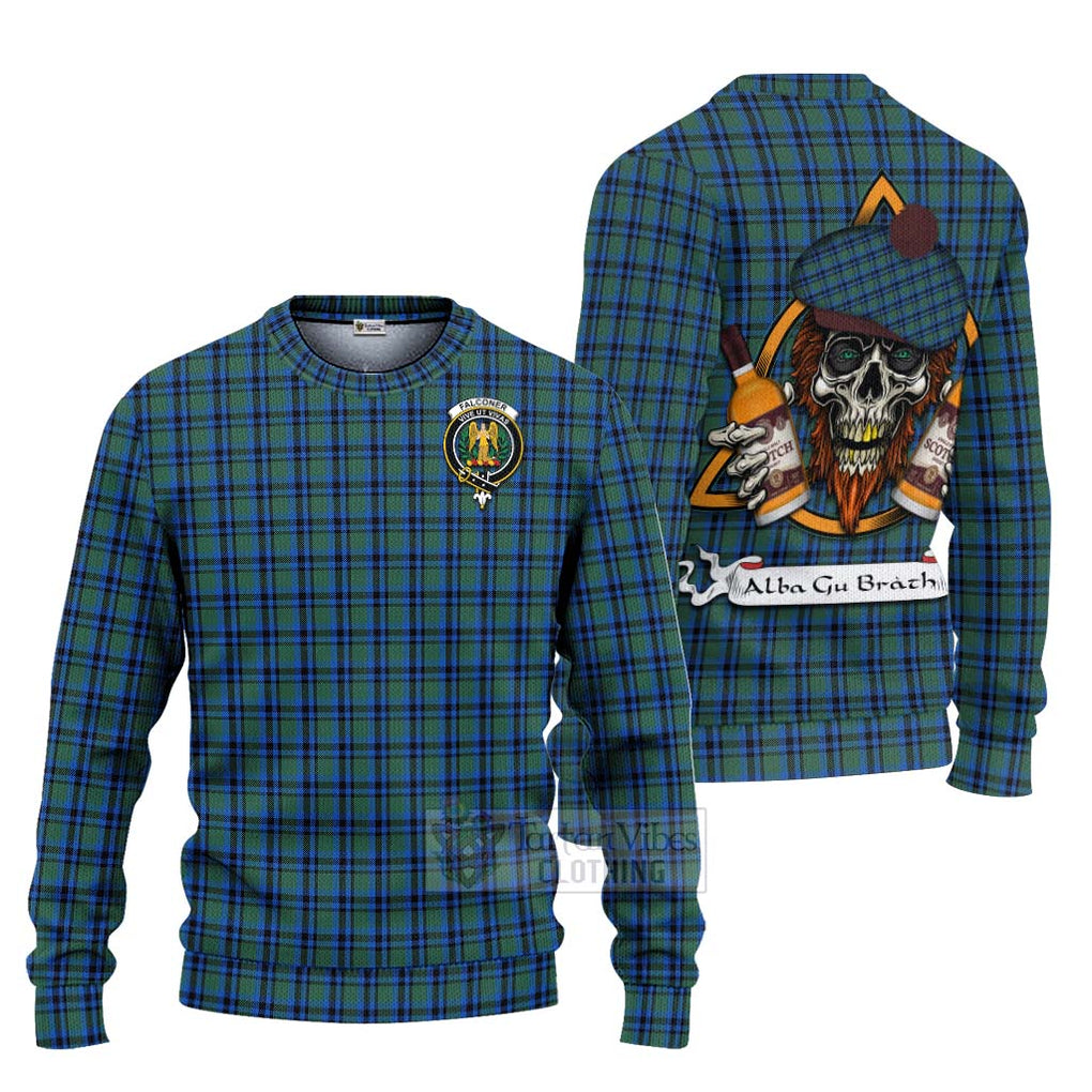 Tartan Vibes Clothing Falconer Tartan Knitted Sweater with Family Crest and Bearded Skull Holding Bottles of Whiskey