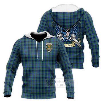 Falconer Tartan Knitted Hoodie with Family Crest Celtic Skull Style