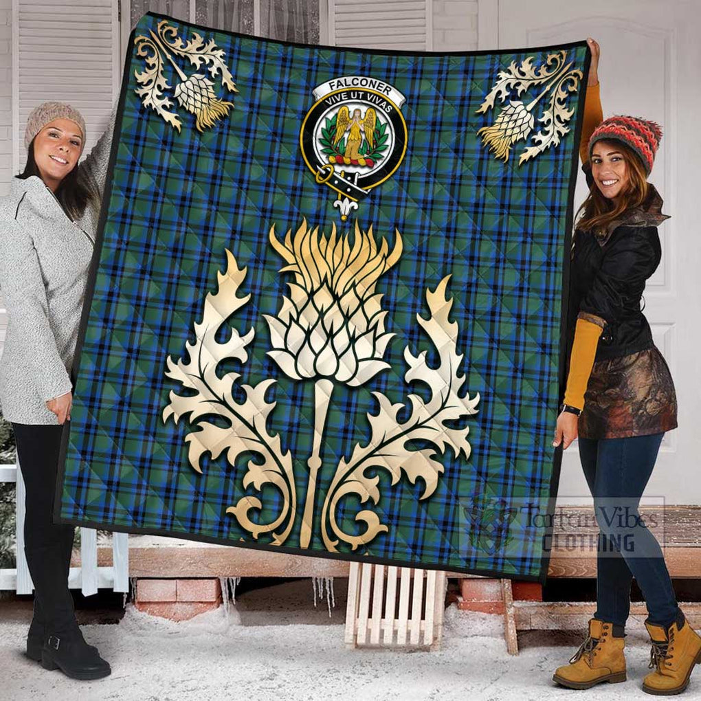 Tartan Vibes Clothing Falconer Tartan Quilt with Family Crest and Golden Thistle Style