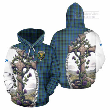 Falconer Tartan Hoodie with Family Crest and St. Andrew's Cross Accented by Thistle Vines