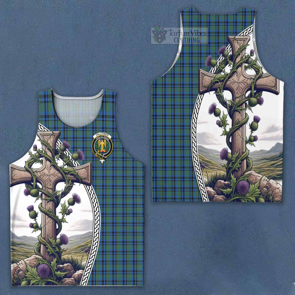 Tartan Vibes Clothing Falconer Tartan Men's Tank Top with Family Crest and St. Andrew's Cross Accented by Thistle Vines