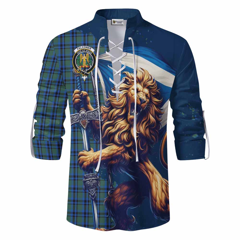 Tartan Vibes Clothing Falconer Tartan Family Crest Ghillie Kilt Shirt with Scottish Majestic Lion