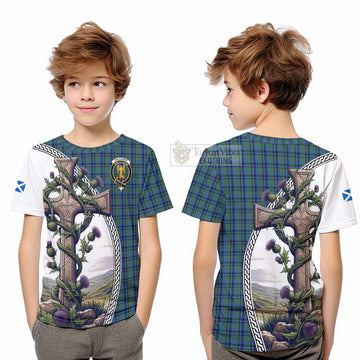 Falconer Tartan Kid T-Shirt with Family Crest and St. Andrew's Cross Accented by Thistle Vines