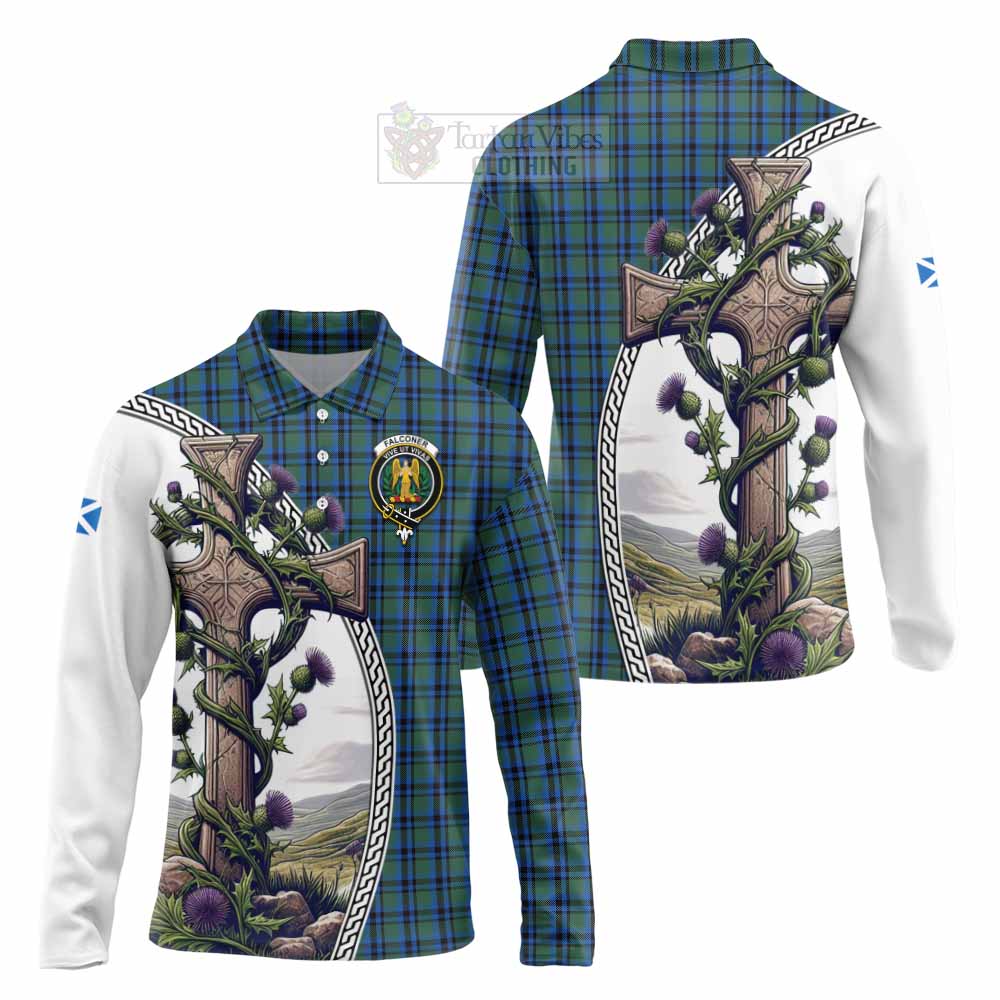 Tartan Vibes Clothing Falconer Tartan Long Sleeve Polo Shirt with Family Crest and St. Andrew's Cross Accented by Thistle Vines