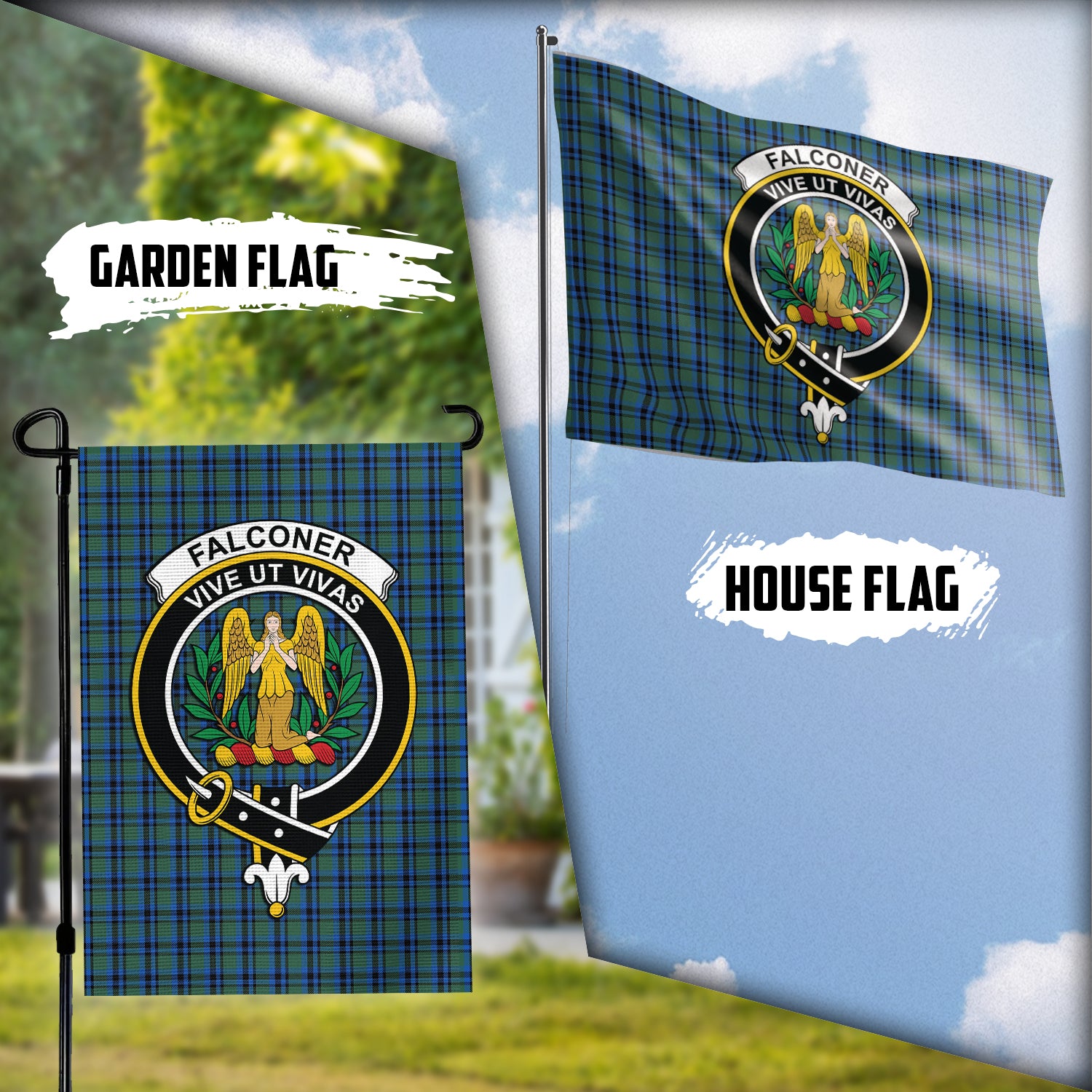 Falconer Tartan Flag with Family Crest Garden Flag (Vertical) - Tartan Vibes Clothing