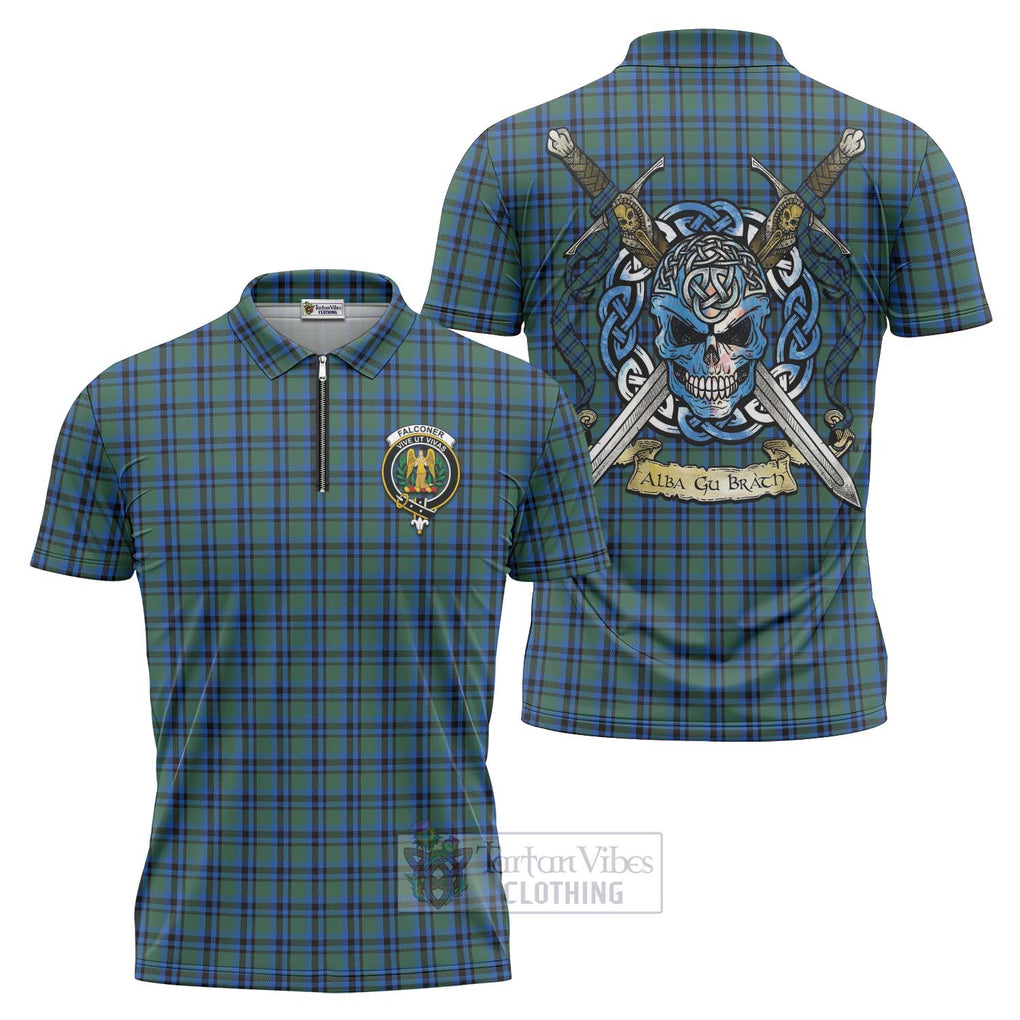 Tartan Vibes Clothing Falconer Tartan Zipper Polo Shirt with Family Crest Celtic Skull Style