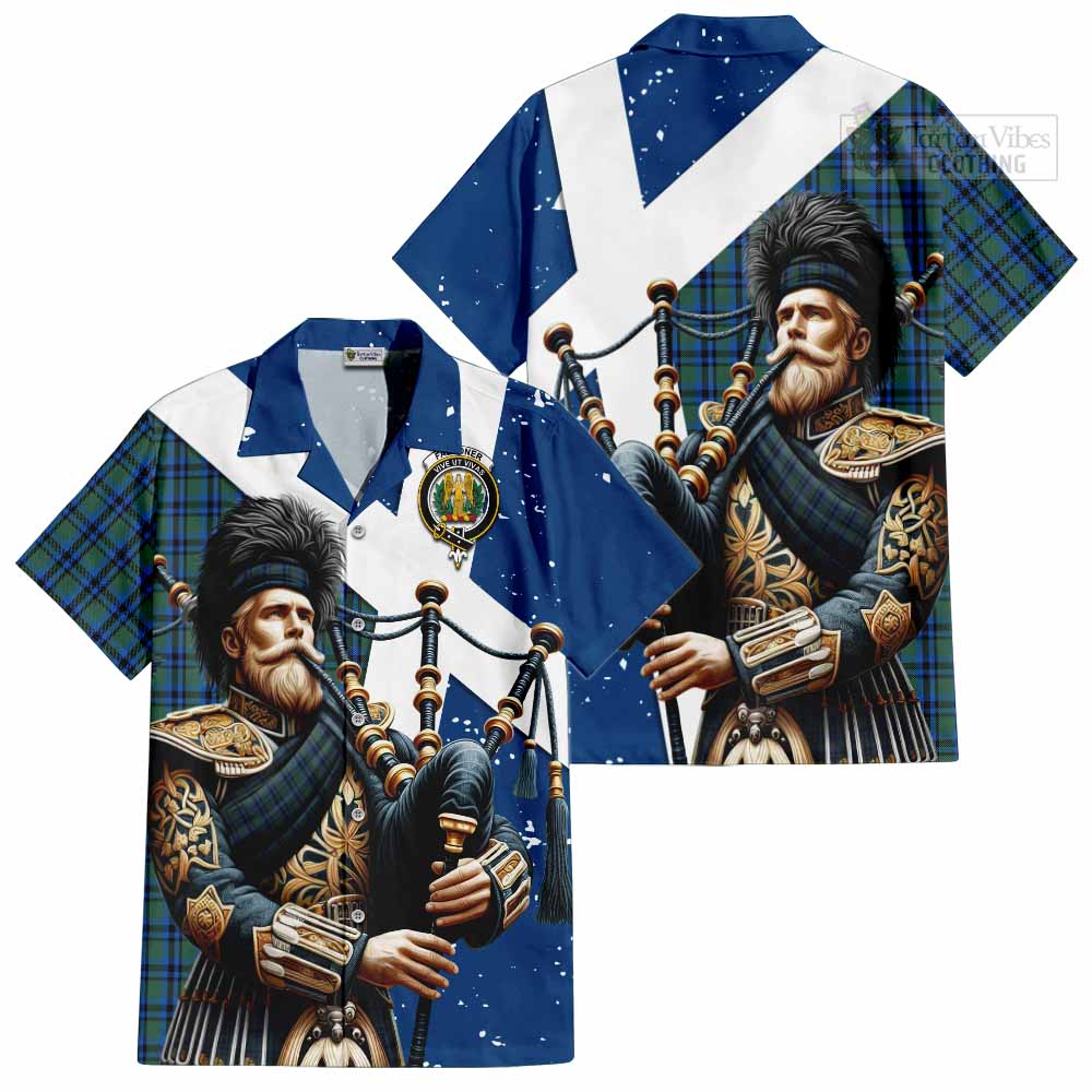 Tartan Vibes Clothing Falconer Tartan Short Sleeve Button Shirt with Family Crest Scottish Bagpiper Vibes