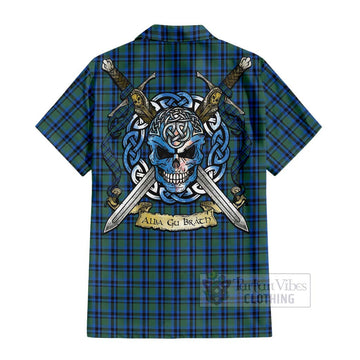 Falconer Tartan Short Sleeve Button Shirt with Family Crest Celtic Skull Style