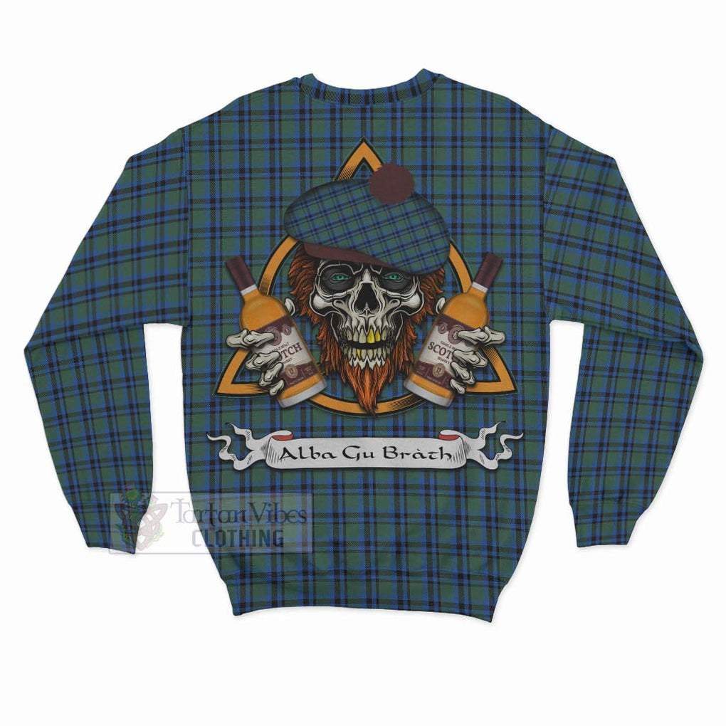 Tartan Vibes Clothing Falconer Tartan Sweatshirt with Family Crest and Bearded Skull Holding Bottles of Whiskey