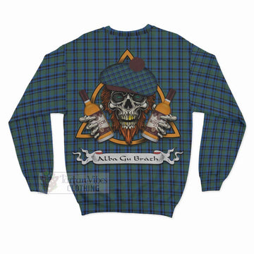 Falconer Tartan Sweatshirt with Family Crest and Bearded Skull Holding Bottles of Whiskey