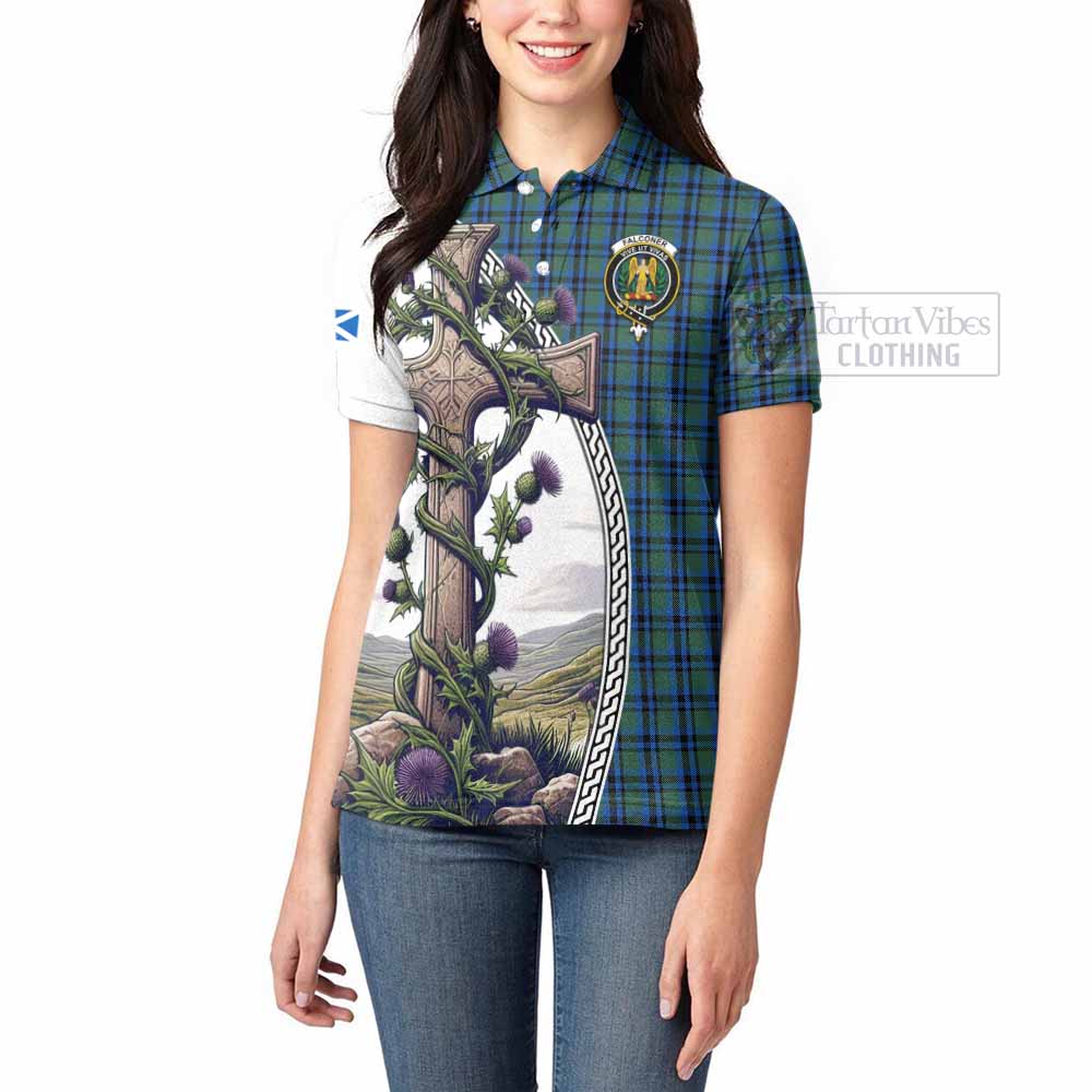 Tartan Vibes Clothing Falconer Tartan Women's Polo Shirt with Family Crest and St. Andrew's Cross Accented by Thistle Vines