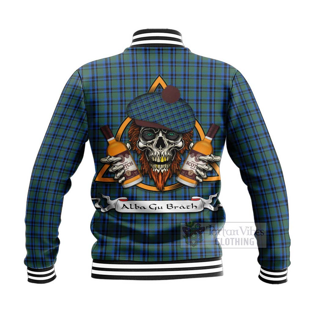 Tartan Vibes Clothing Falconer Tartan Baseball Jacket with Family Crest and Bearded Skull Holding Bottles of Whiskey