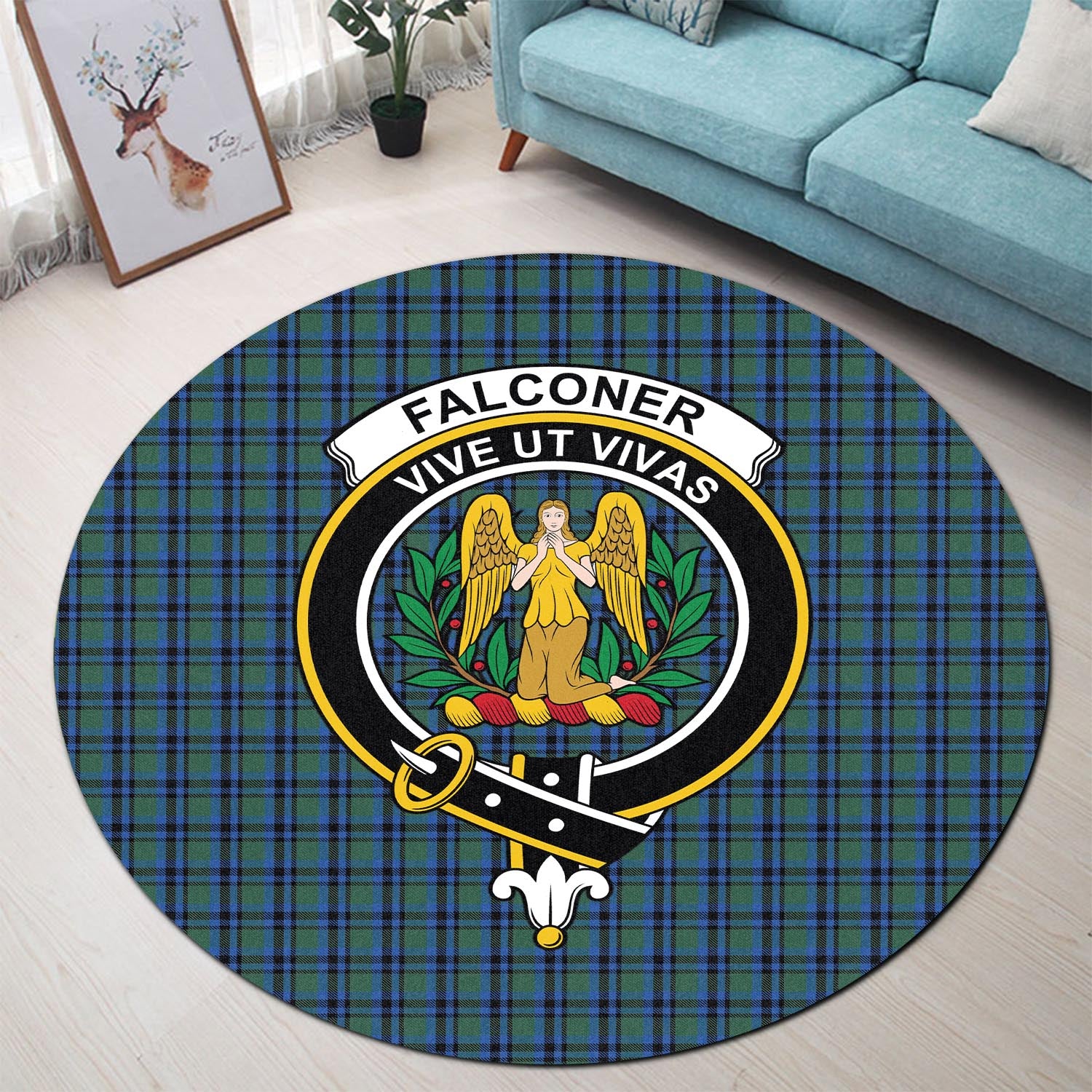 Falconer Tartan Round Rug with Family Crest - Tartanvibesclothing