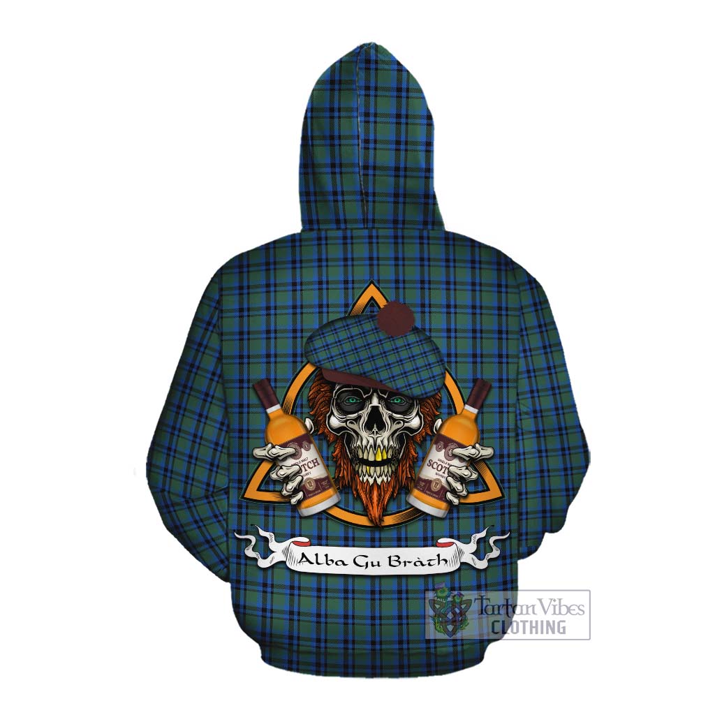 Tartan Vibes Clothing Falconer Tartan Cotton Hoodie with Family Crest and Bearded Skull Holding Bottles of Whiskey