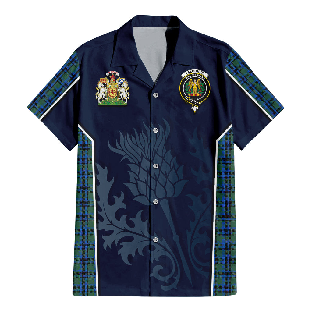 Tartan Vibes Clothing Falconer Tartan Short Sleeve Button Up Shirt with Family Crest and Scottish Thistle Vibes Sport Style