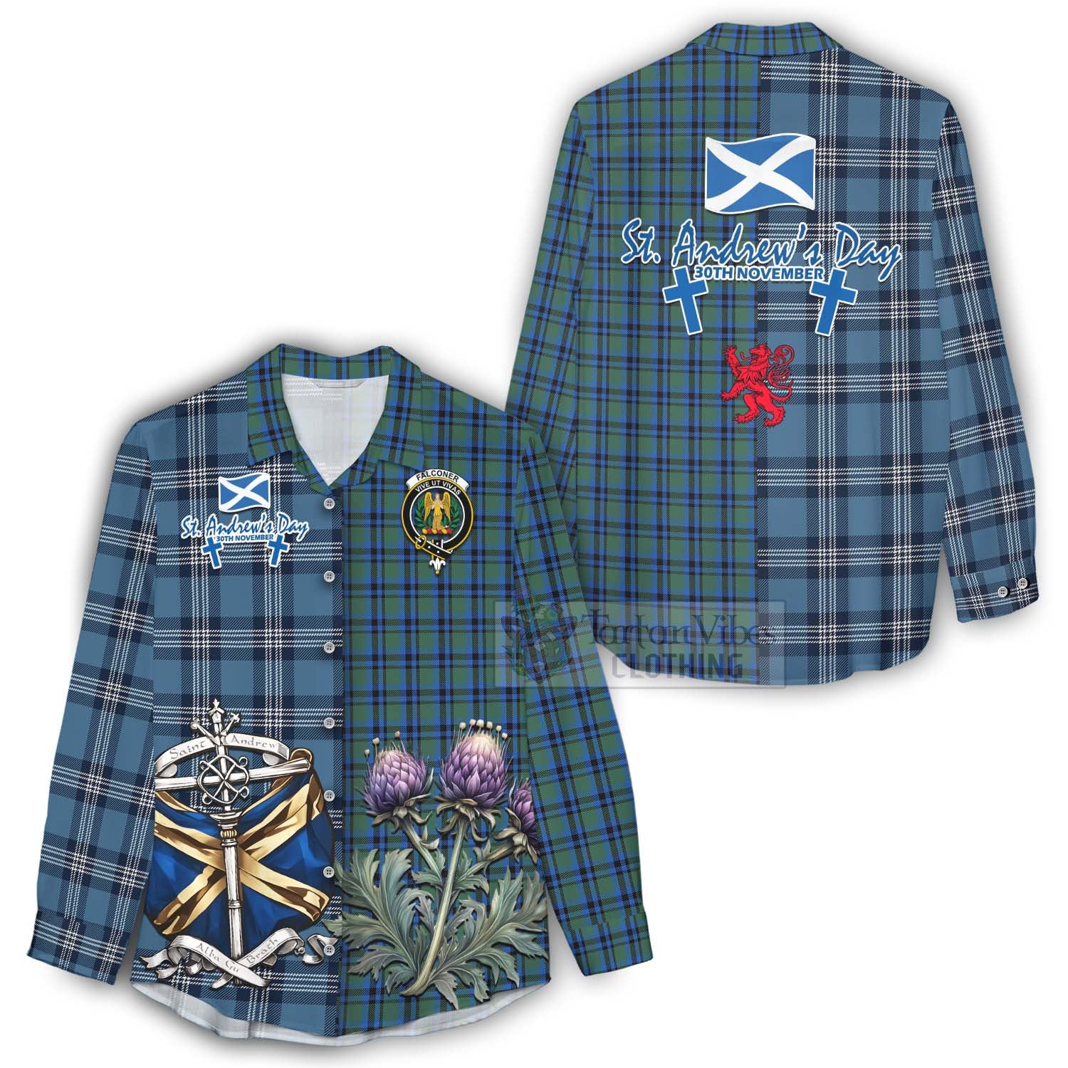 Tartan Vibes Clothing Falconer Tartan Women's Casual Shirt Happy St. Andrew's Day Half Tartan Style