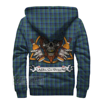 Falconer Tartan Sherpa Hoodie with Family Crest and Bearded Skull Holding Bottles of Whiskey