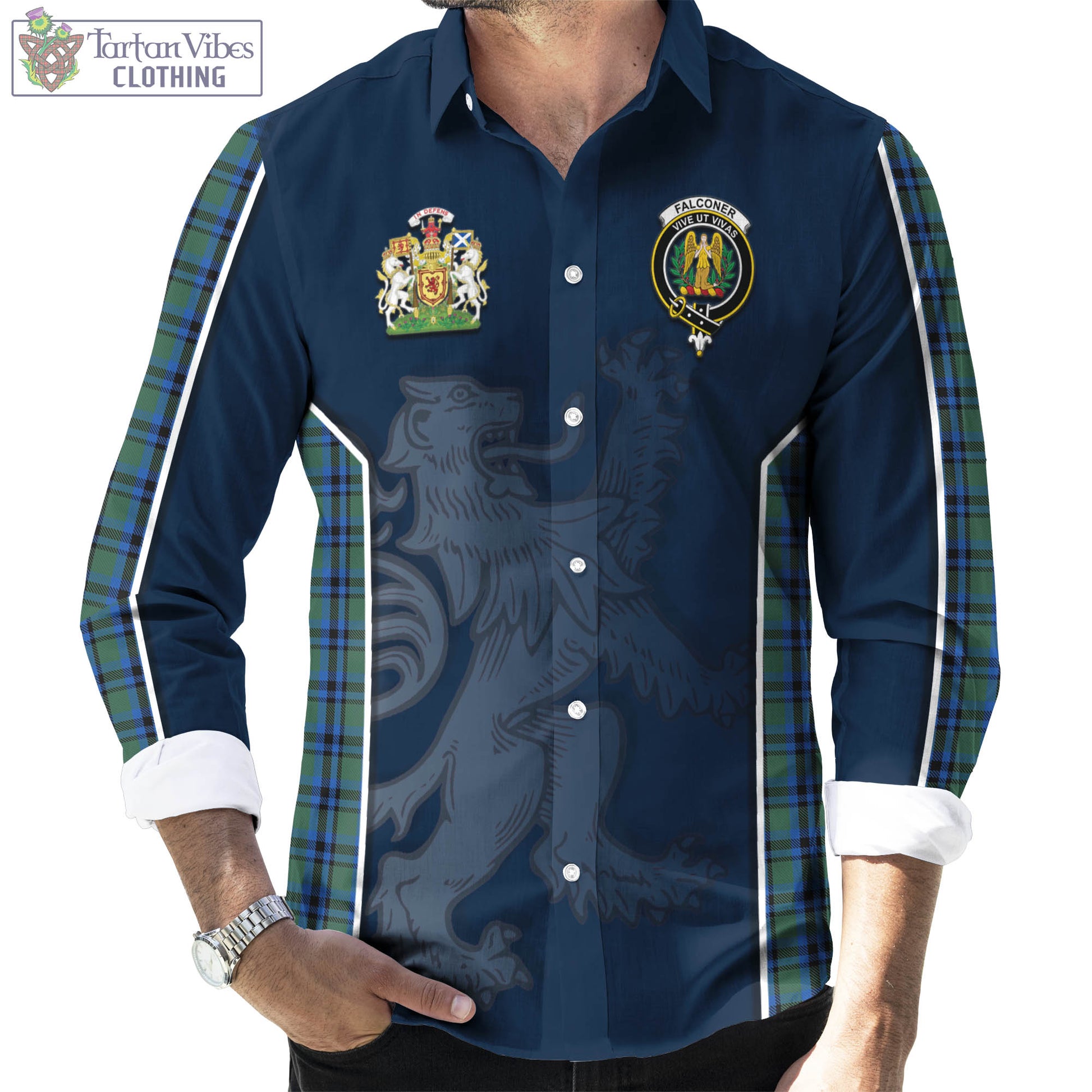 Tartan Vibes Clothing Falconer Tartan Long Sleeve Button Up Shirt with Family Crest and Lion Rampant Vibes Sport Style