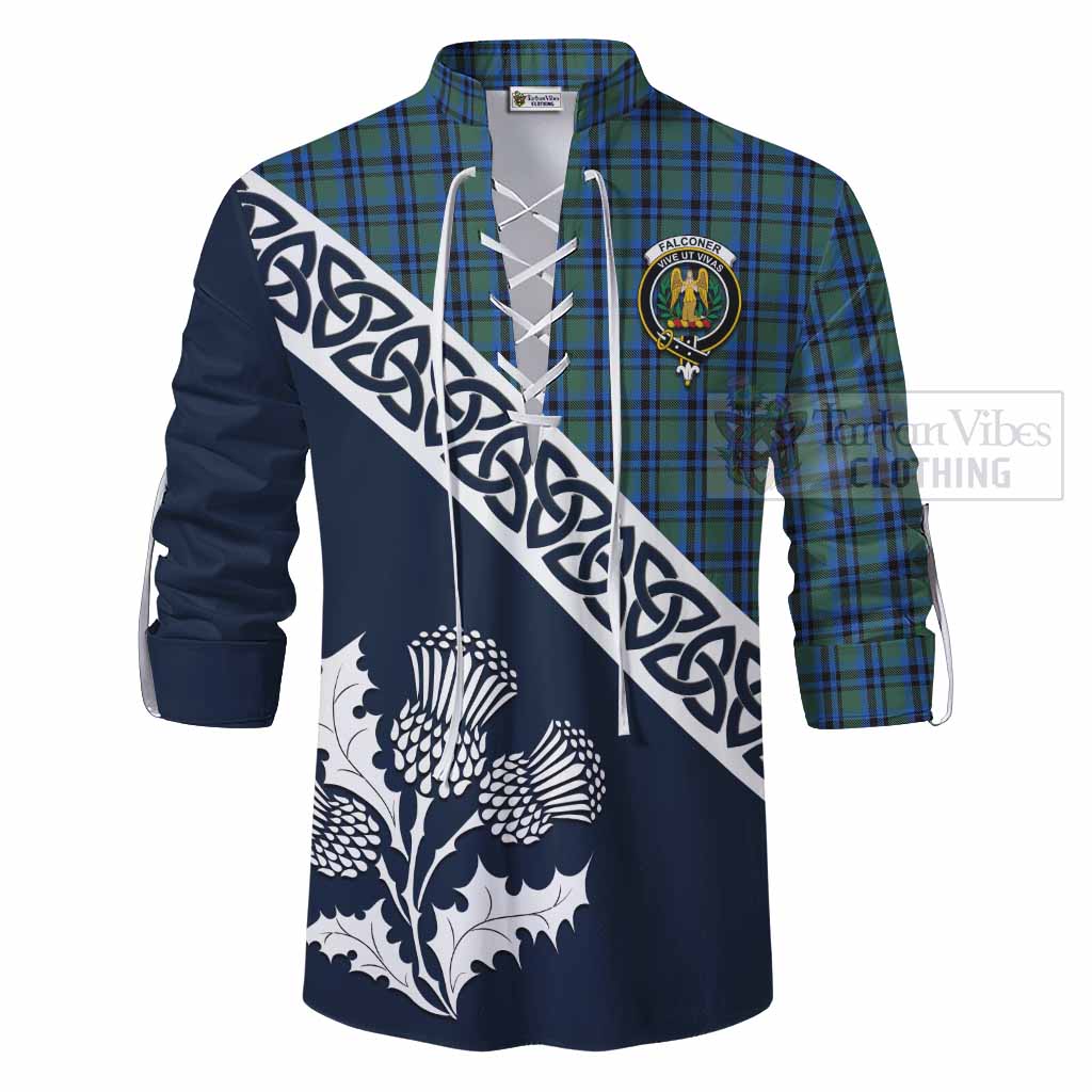 Tartan Vibes Clothing Falconer Tartan Ghillie Kilt Shirt Featuring Thistle and Scotland Map