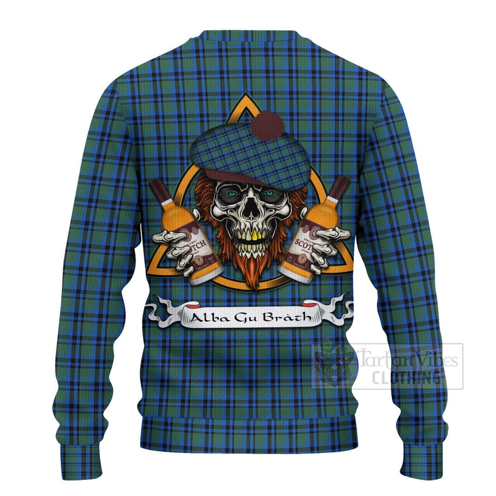 Tartan Vibes Clothing Falconer Tartan Knitted Sweater with Family Crest and Bearded Skull Holding Bottles of Whiskey