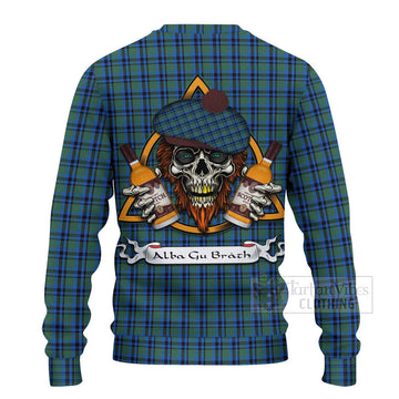 Falconer Tartan Ugly Sweater with Family Crest and Bearded Skull Holding Bottles of Whiskey