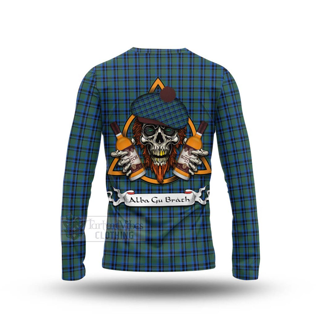 Tartan Vibes Clothing Falconer Tartan Long Sleeve T-Shirt with Family Crest and Bearded Skull Holding Bottles of Whiskey