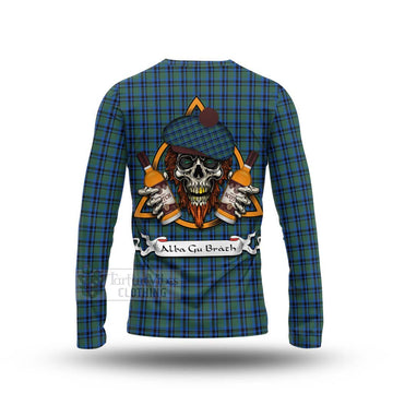 Falconer Tartan Long Sleeve T-Shirt with Family Crest and Bearded Skull Holding Bottles of Whiskey