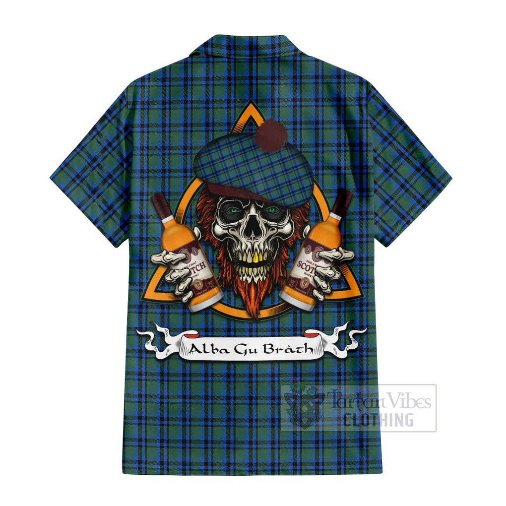 Tartan Vibes Clothing Falconer Tartan Short Sleeve Button Shirt with Family Crest and Bearded Skull Holding Bottles of Whiskey