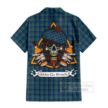 Falconer Tartan Short Sleeve Button Shirt with Family Crest and Bearded Skull Holding Bottles of Whiskey