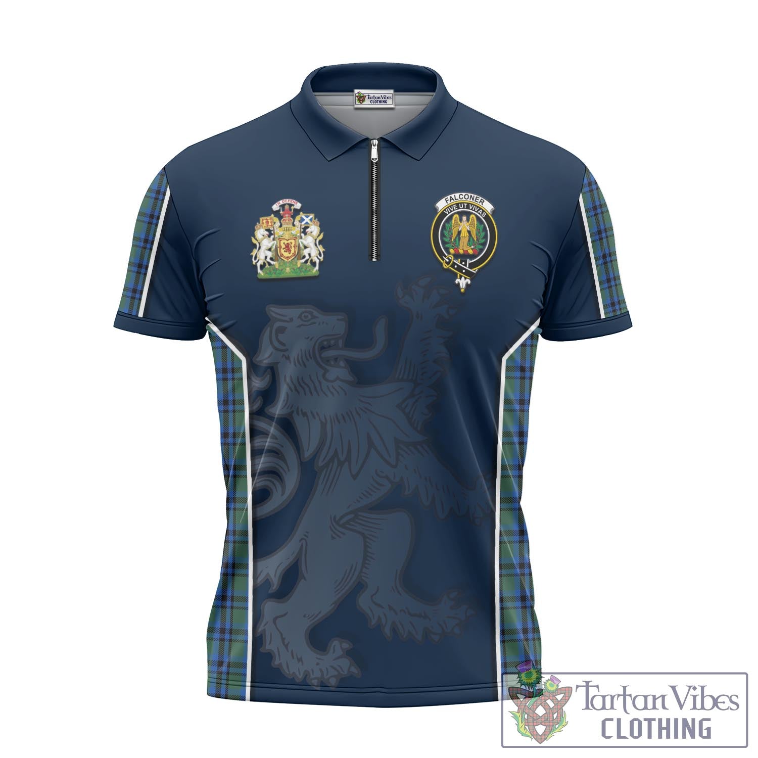 Tartan Vibes Clothing Falconer Tartan Zipper Polo Shirt with Family Crest and Lion Rampant Vibes Sport Style