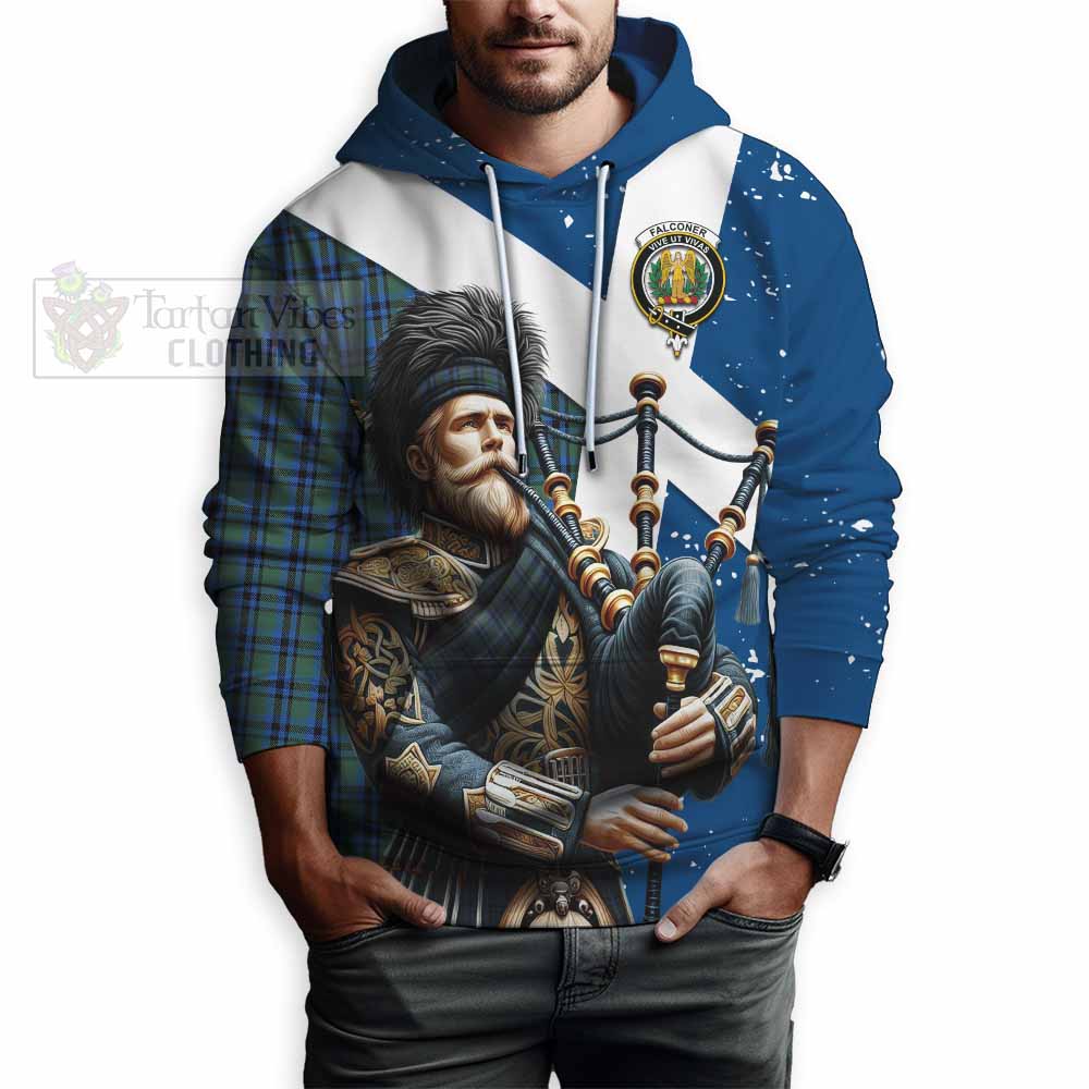 Tartan Vibes Clothing Falconer Tartan Hoodie with Family Crest Scottish Bagpiper Vibes