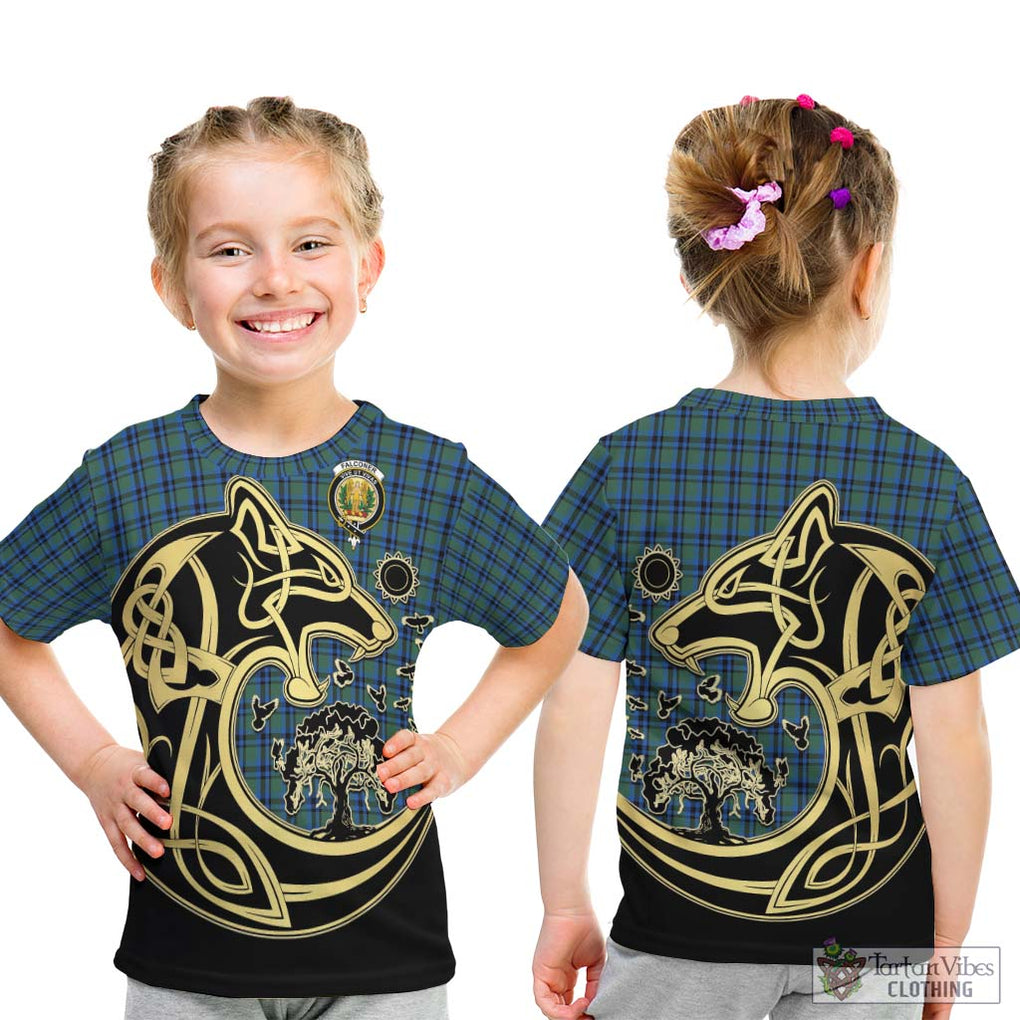 Falconer Tartan Kid T-Shirt with Family Crest Celtic Wolf Style - Tartan Vibes Clothing