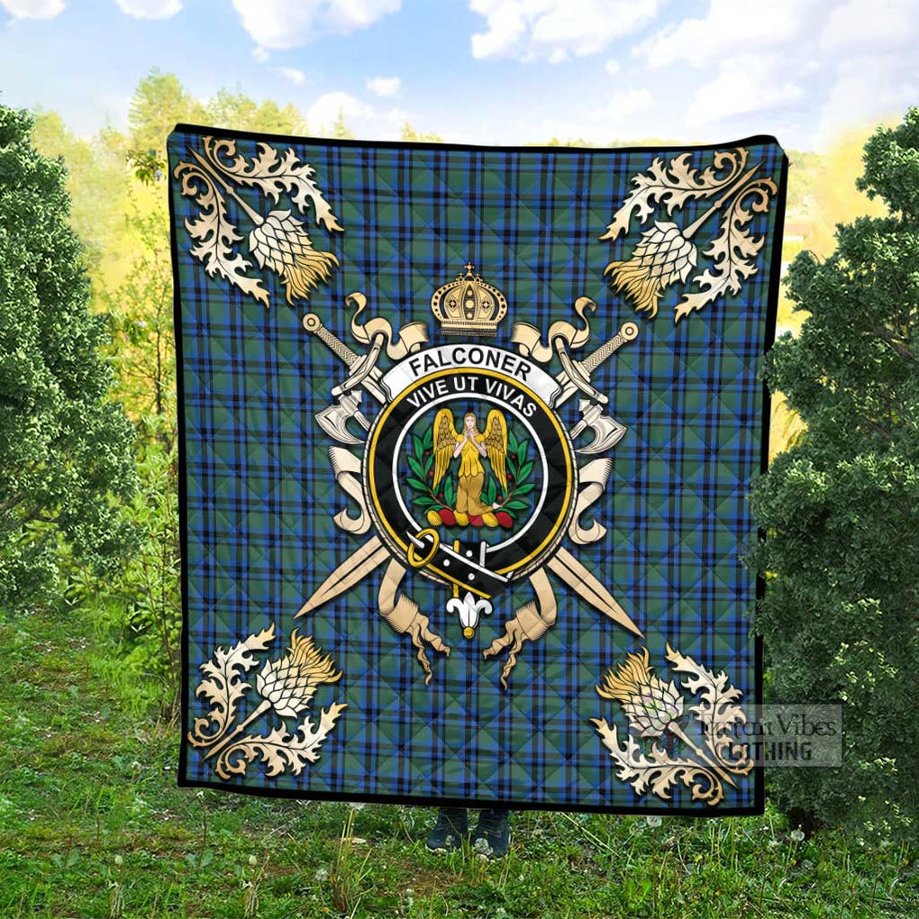 Tartan Vibes Clothing Falconer Tartan Quilt with Family Crest and Scottish Golden Courage Shield