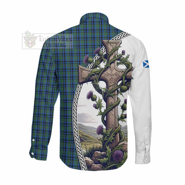 Falconer Tartan Long Sleeve Button Shirt with Family Crest and St. Andrew's Cross Accented by Thistle Vines